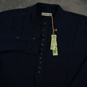 Civilian Grandfather Shirt Mens L Navy Blue Cotton Linen Band Collar EW13 NWT